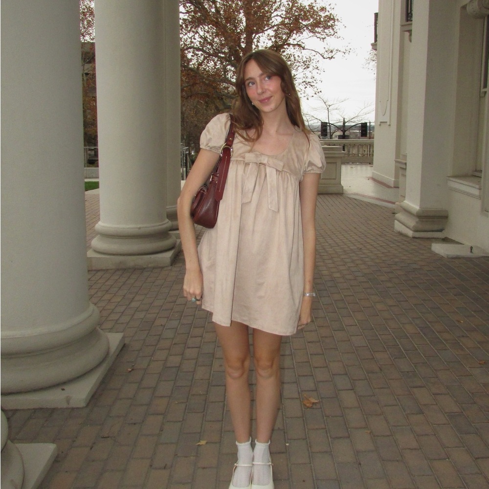Tan velvet babydoll mini dress